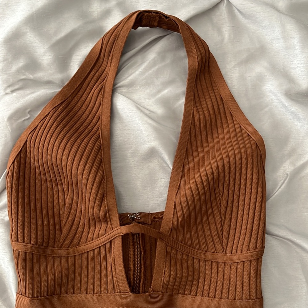 Brown Ribbed Halter Bodysuit - Picture 3 of 4